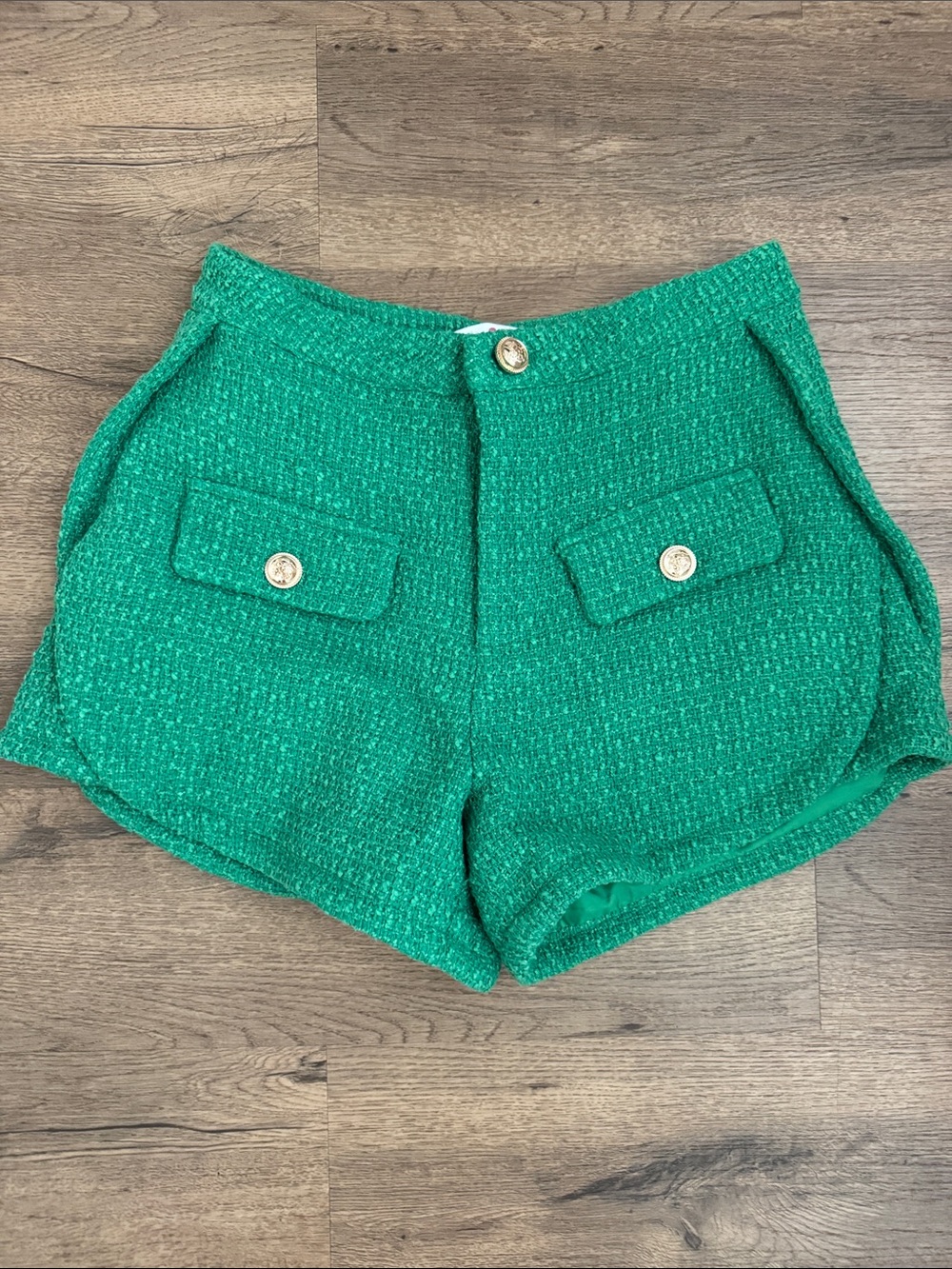 Buddy Love Green Tweed High-Waist Shorts with Gold Buttons